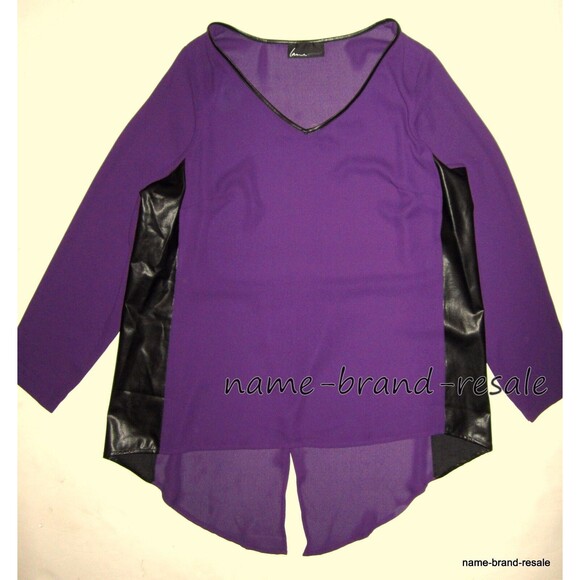 LANE BRYANT‎ Purple Blk Leatherette Shirt Womens PLUS 14 16 1X Hi Low Split Back - Picture 2 of 5
